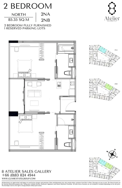 8 Atelier Residence — 2 спальни · 85,35 м² · север (2NA/2NB), Банг Тао и Лагуна, Пхукет