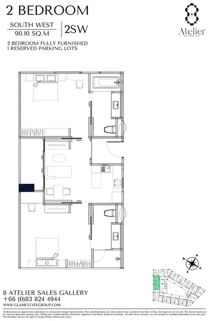 8 Atelier Residence — 2 спальни · 90,1 м² · юго-запад (2SW), Банг Тао и Лагуна, Пхукет