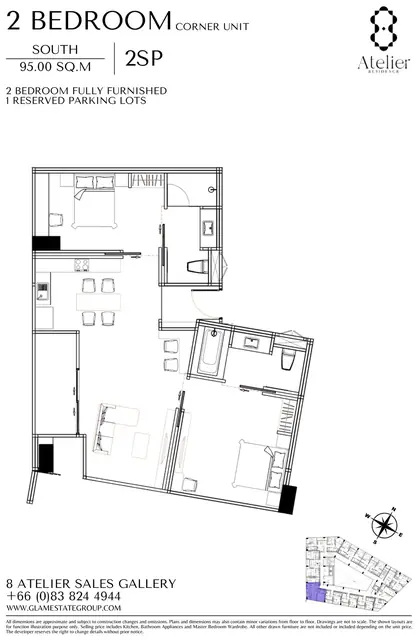 8 Atelier Residence — 2 спальни · 95 м² · угловой, юг (2S), Банг Тао и Лагуна, Пхукет