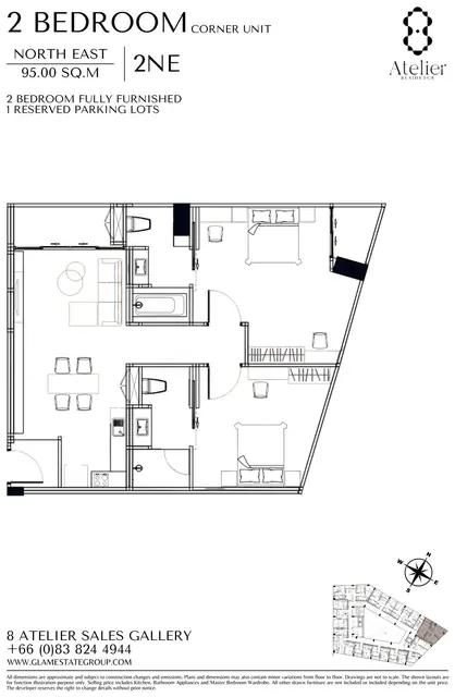 8 Atelier Residence — 2 спальни · 95 м² · угловой, северо-восток (2NE), Банг Тао и Лагуна, Пхукет