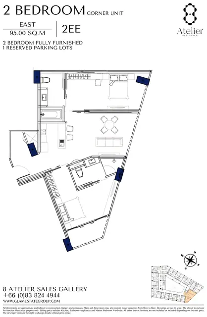 8 Atelier Residence — 2 спальни · 95 м² · угловой, восток (2EE), Банг Тао и Лагуна, Пхукет