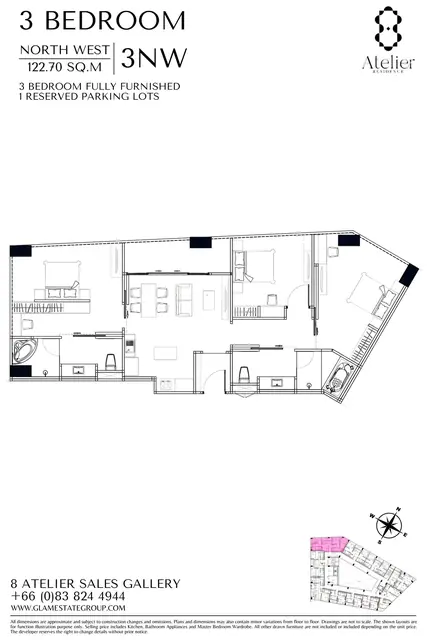 8 Atelier Residence — 3 спальни · 122,7 м² · северо-запад (3NW), Банг Тао и Лагуна, Пхукет