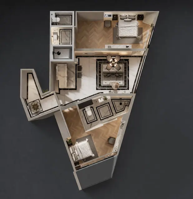8 Atelier Residence — 2 спальни · 3D-план с мебелью, угловой юнит клиновидной формы, Банг Тао и Лагуна, Пхукет