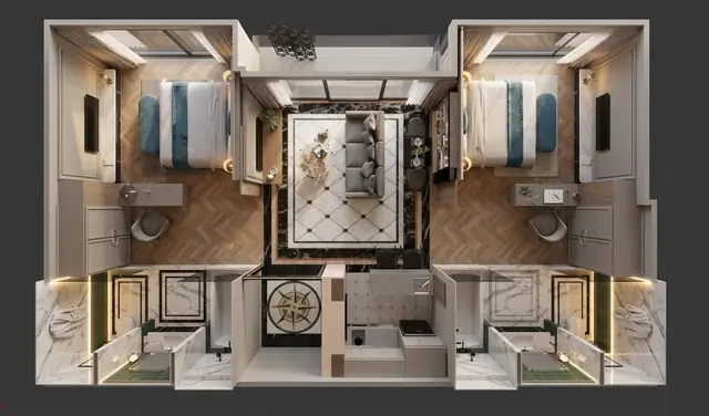 8 Atelier Residence — 2 спальни · 3D-план с мебелью, спальни по краям гостиной, Банг Тао и Лагуна, Пхукет