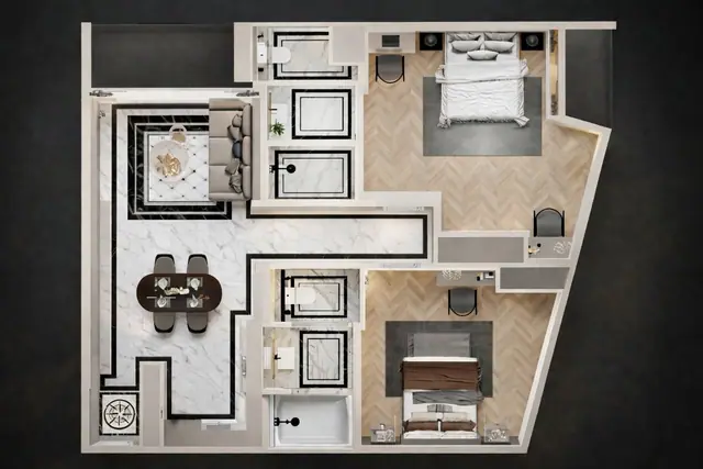 8 Atelier Residence — 2 спальни · 3D-план с мебелью, угловой юнит, Банг Тао и Лагуна, Пхукет