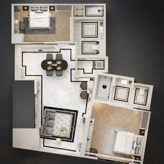 8 Atelier Residence — 2 спальни · 3D-план с мебелью, угловой юнит с гостиной-столовой, Банг Тао и Лагуна, Пхукет
