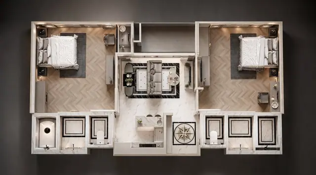 8 Atelier Residence — 2 спальни · 3D-план с мебелью, Банг Тао и Лагуна, Пхукет