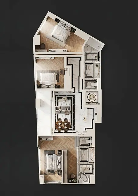 8 Atelier Residence — 3 спальни · 3D-план с мебелью, вытянутый юнит, Банг Тао и Лагуна, Пхукет