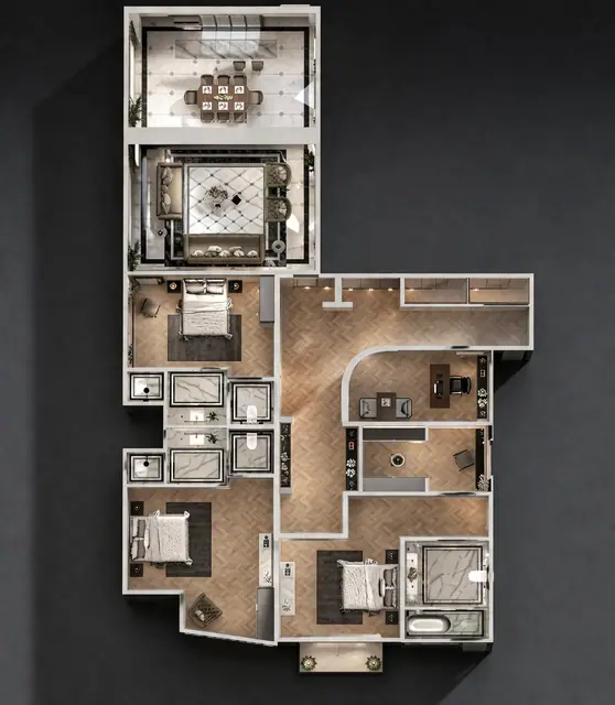 8 Atelier Residence — 3 спальни · 3D-план с мебелью, отдельная зона гостиной-столовой, Банг Тао и Лагуна, Пхукет
