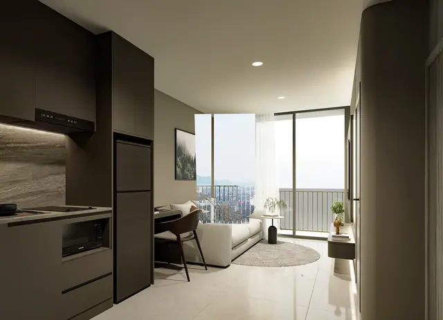 Aceller Hotel & Residence — Кухня и гостиная с выходом на балкон · 1 спальня, Чалонг, Пхукет