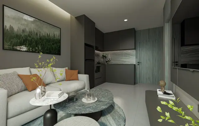 Aceller Hotel & Residence — Гостиная с диваном и кухней, Чалонг, Пхукет