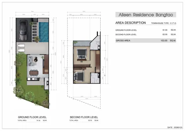Aileen Residence Bangtao — Таунхаус C (T.2) — 2 этажа · 153 м², Банг Тао и Лагуна, Пхукет