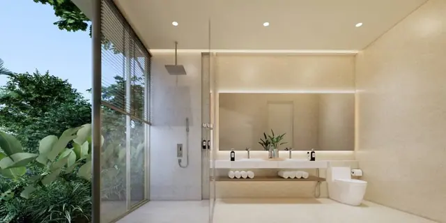 Amrits Luxury Villas — Ванная с двумя раковинами и видом в сад, Най Янг и Май Као, Пхукет