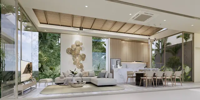 Amrits Luxury Villas — Гостиная с диваном у панорамного окна, Най Янг и Май Као, Пхукет