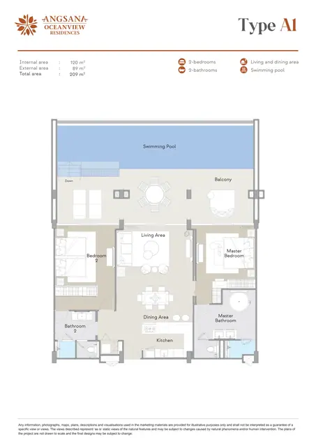 Angsana Oceanview Residences — Тип A1 — 2 спальни · 209 м² (бассейн), Банг Тао и Лагуна, Пхукет