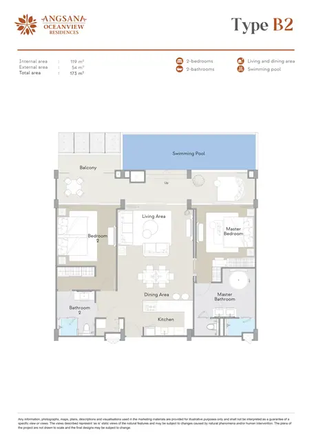 Angsana Oceanview Residences — Тип B2 — 2 спальни · 173 м² (бассейн), Банг Тао и Лагуна, Пхукет
