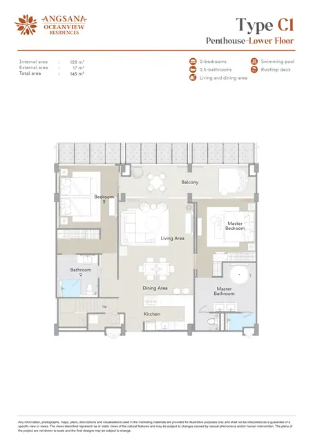 Angsana Oceanview Residences — Тип C1 Пентхаус — нижний уровень · 2 спальни · 145 м², Банг Тао и Лагуна, Пхукет
