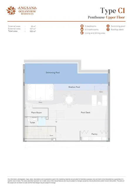 Angsana Oceanview Residences — Тип C1 Пентхаус — верхний уровень · 155 м² (терраса, бассейн), Банг Тао и Лагуна, Пхукет