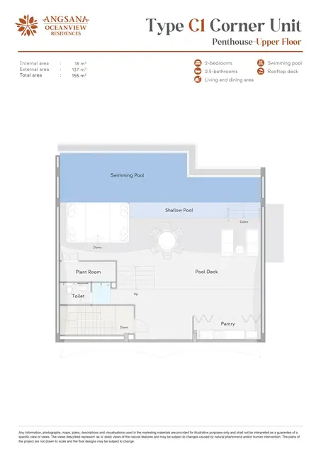 Angsana Oceanview Residences — Тип C1 угловой Пентхаус — верхний уровень · 155 м² (терраса, бассейн), Банг Тао и Лагуна, Пхукет