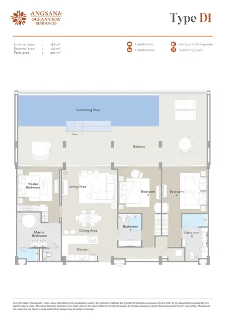 Angsana Oceanview Residences — Тип D1 — 3 спальни · 281 м² (бассейн), Банг Тао и Лагуна, Пхукет