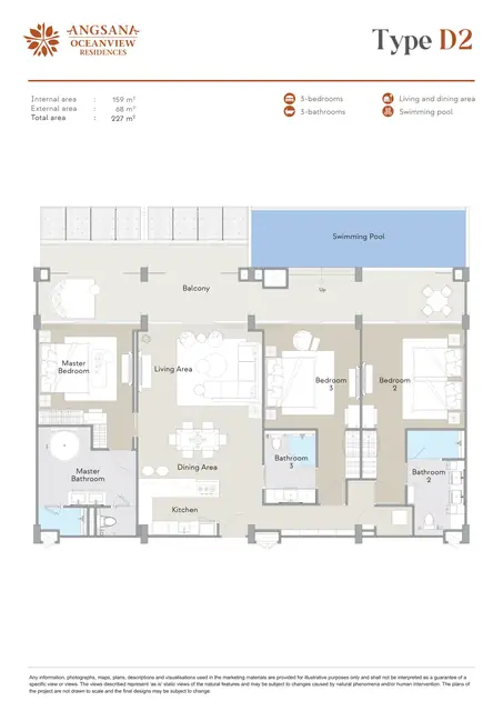 Angsana Oceanview Residences — Тип D2 — 3 спальни · 227 м² (бассейн), Банг Тао и Лагуна, Пхукет