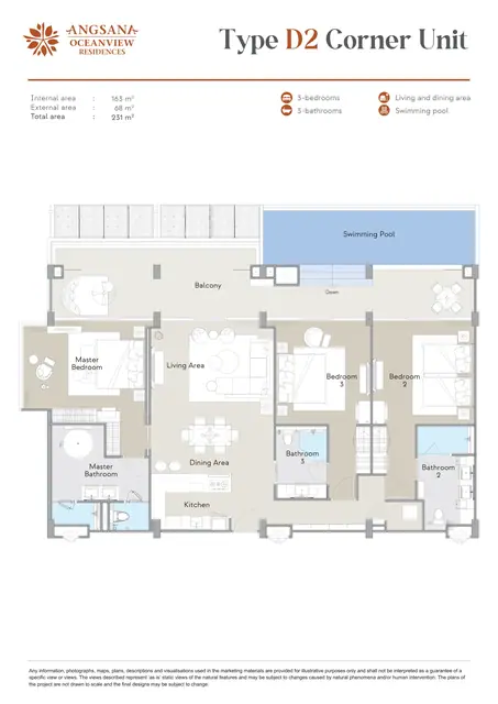 Angsana Oceanview Residences — Тип D2 угловой — 3 спальни · 231 м² (бассейн), Банг Тао и Лагуна, Пхукет