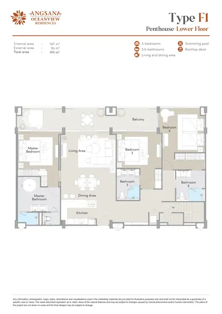 Angsana Oceanview Residences — Тип F1 Пентхаус — нижний уровень · 3 спальни · 193 м², Банг Тао и Лагуна, Пхукет