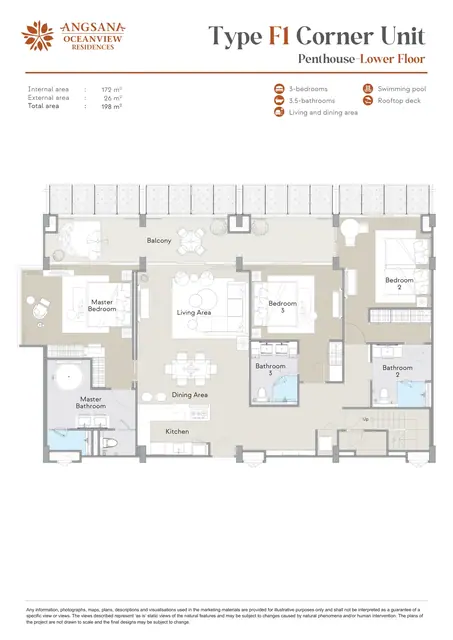 Angsana Oceanview Residences — Тип F1 угловой Пентхаус — нижний уровень · 3 спальни · 198 м², Банг Тао и Лагуна, Пхукет