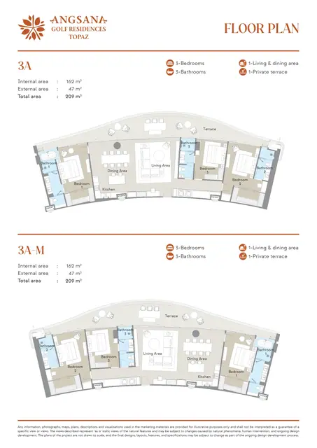 Angsana Topaz — Типы 3A и 3A-M — 3 спальни · 209 м², Банг Тао и Лагуна, Пхукет