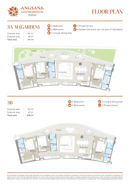 Angsana Topaz — Типы 3A-M (сад) · 211 м² и 3B · 208 м² — 3 спальни, Банг Тао и Лагуна, Пхукет