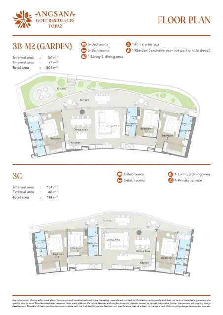 Angsana Topaz — Типы 3B-M2 (сад) · 208 м² и 3C · 194 м² — 3 спальни, Банг Тао и Лагуна, Пхукет