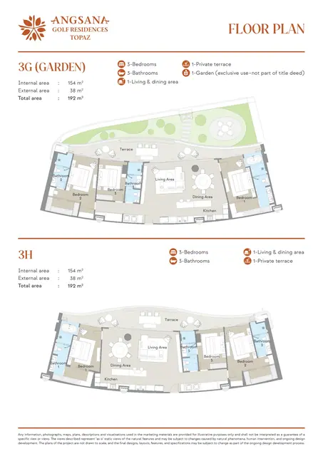 Angsana Topaz — Типы 3G (сад) и 3H — 3 спальни · 192 м², Банг Тао и Лагуна, Пхукет