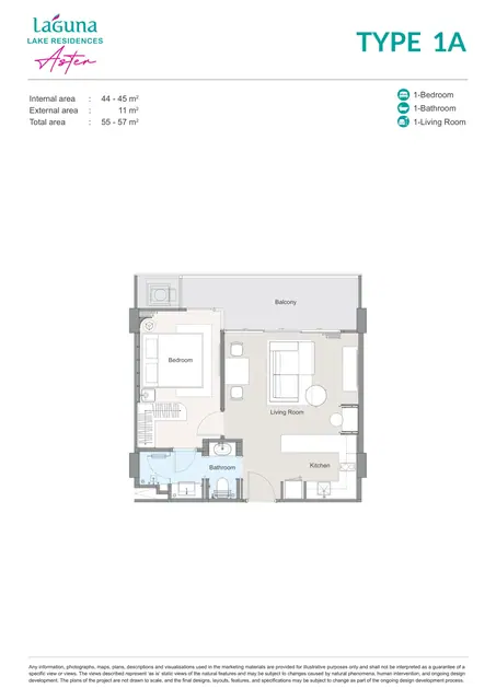 Aster Laguna Lake Residences — Тип 1A — 1 спальня · 55–57 м², Банг Тао и Лагуна, Пхукет