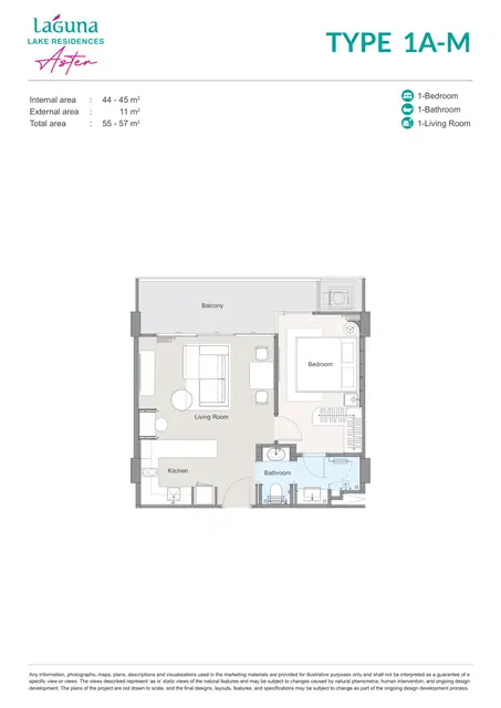 Aster Laguna Lake Residences — Тип 1A-M (зеркальный) — 1 спальня · 55–57 м², Банг Тао и Лагуна, Пхукет