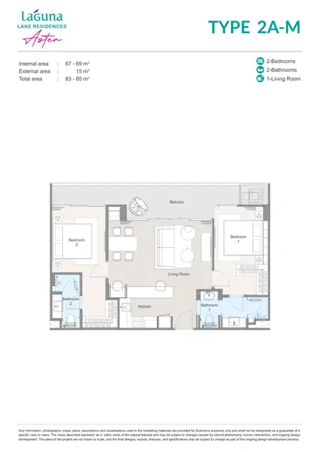 Aster Laguna Lake Residences — Тип 2A-M (зеркальный) — 2 спальни · 83–85 м², Банг Тао и Лагуна, Пхукет