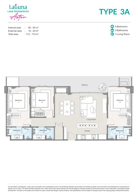 Aster Laguna Lake Residences — Тип 3A — 3 спальни · 112–113 м², Банг Тао и Лагуна, Пхукет