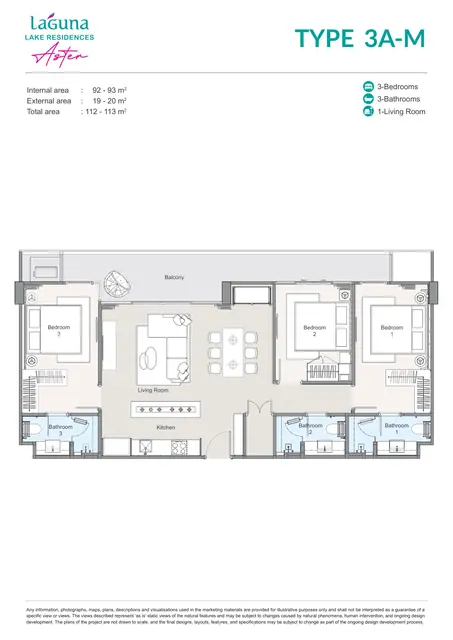 Aster Laguna Lake Residences — Тип 3A-M (зеркальный) — 3 спальни · 112–113 м², Банг Тао и Лагуна, Пхукет