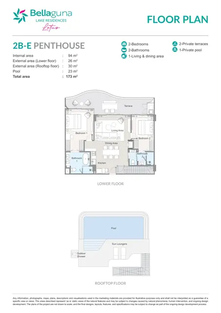 Bellaguna Lake Residences — Тип 2B-E Пентхаус — 2 спальни · 173 м² (2 уровня, бассейн), Банг Тао и Лагуна, Пхукет