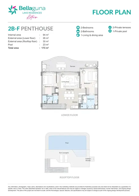 Bellaguna Lake Residences — Тип 2B-F Пентхаус — 2 спальни · 173 м² (2 уровня, бассейн), Банг Тао и Лагуна, Пхукет