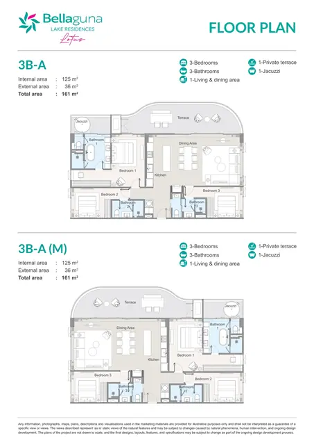 Bellaguna Lake Residences — Типы 3B-A и 3B-A (зеркальный) — 3 спальни · 161 м² (джакузи), Банг Тао и Лагуна, Пхукет