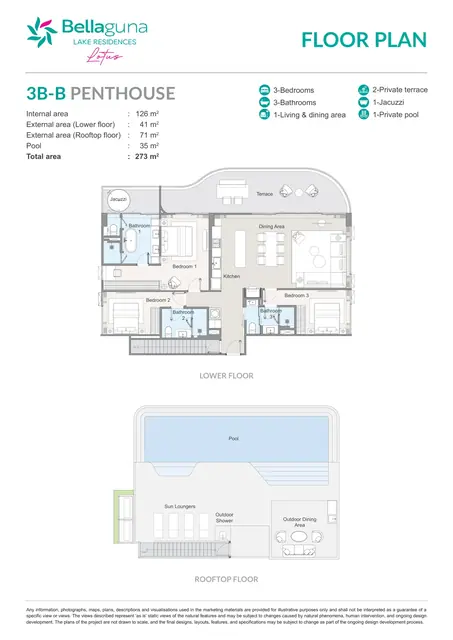 Bellaguna Lake Residences — Тип 3B-B Пентхаус — 3 спальни · 273 м² (2 уровня, бассейн, джакузи), Банг Тао и Лагуна, Пхукет
