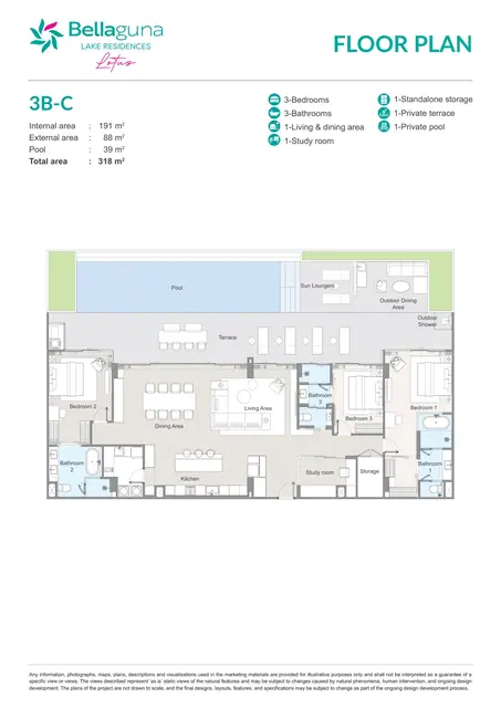 Bellaguna Lake Residences — Тип 3B-C — 3 спальни, кабинет, свой бассейн · 318 м², Банг Тао и Лагуна, Пхукет