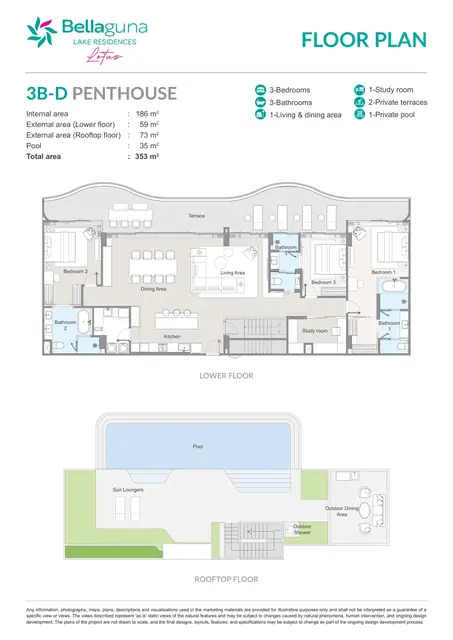 Bellaguna Lake Residences — Тип 3B-D Пентхаус — 3 спальни, кабинет · 353 м² (2 уровня, бассейн), Банг Тао и Лагуна, Пхукет