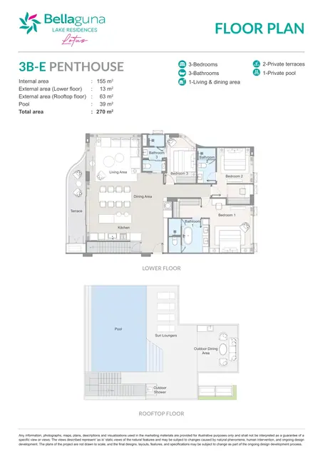 Bellaguna Lake Residences — Тип 3B-E Пентхаус — 3 спальни · 270 м² (2 уровня, бассейн), Банг Тао и Лагуна, Пхукет