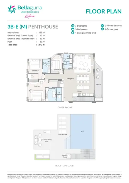 Bellaguna Lake Residences — Тип 3B-E (зеркальный) Пентхаус — 3 спальни · 270 м² (2 уровня, бассейн), Банг Тао и Лагуна, Пхукет