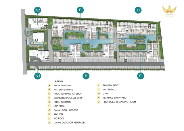 Bellevue Beachfront — Генплан: корпуса, бассейны, клубный дом и зоны отдыха, Лаян, Пхукет