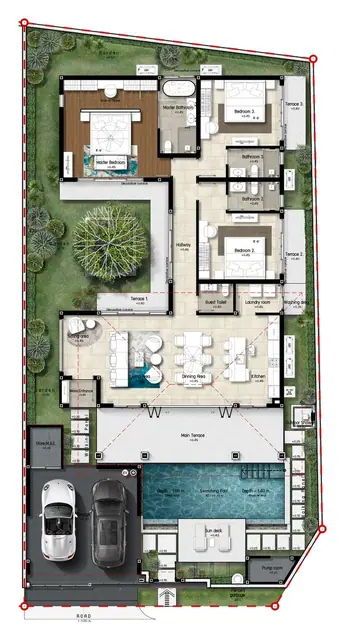 Botanica Skyport — 3 спальни с бассейном — план участка (вариант 1), Най Янг и Май Као, Пхукет