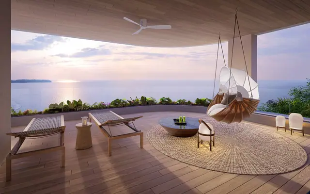 Oceanus Banyan Tree Beach Residences — Терраса с подвесным креслом на закате, Банг Тао и Лагуна, Пхукет
