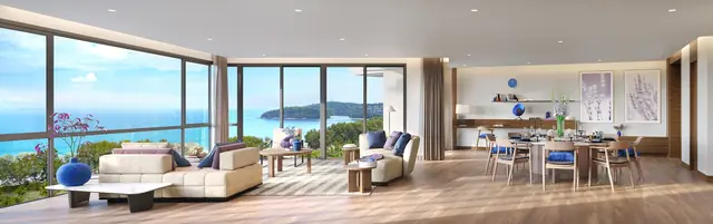 Sirena Banyan Tree Beach Residences — Пентхаус тип D: гостиная с видом на море, Банг Тао и Лагуна, Пхукет