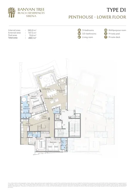 Sirena Banyan Tree Beach Residences — Тип D1, пентхаус — нижний уровень · 3 спальни · 493,1 м², Банг Тао и Лагуна, Пхукет